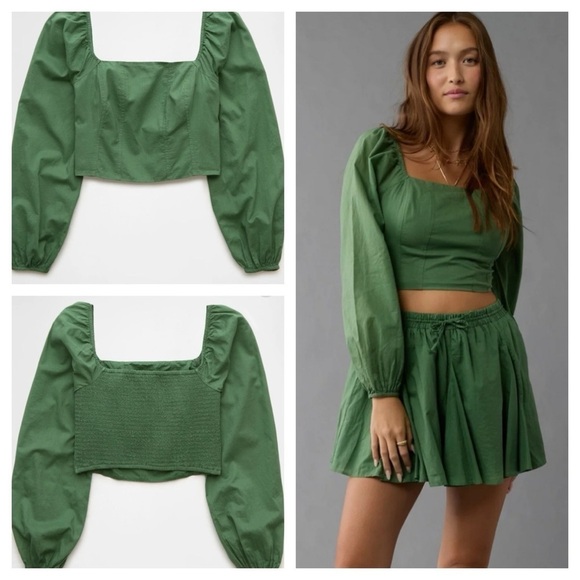 AE Cropped Corset Balloon Sleeve Top Size S Green - Picture 1 of 8
